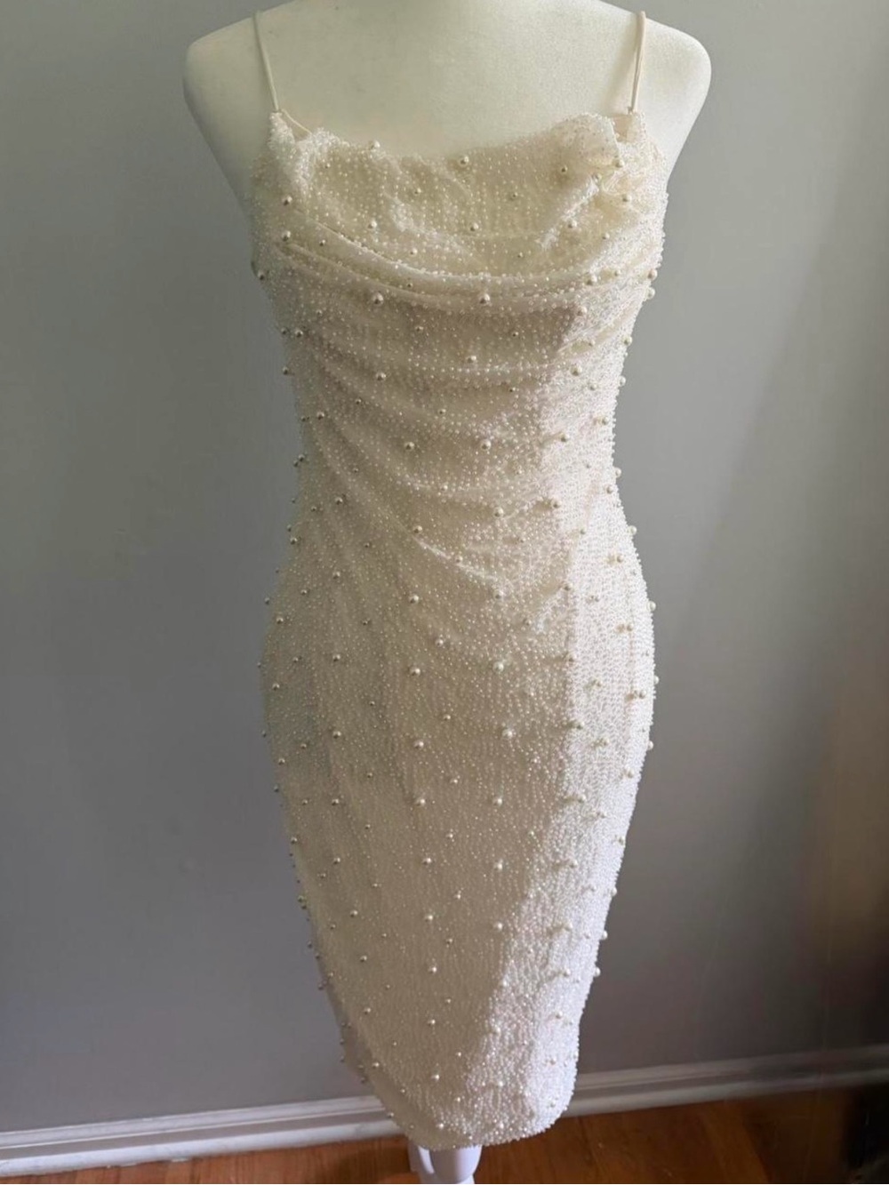 Oh Polly Cream Pearl-Embellished Midi Dress